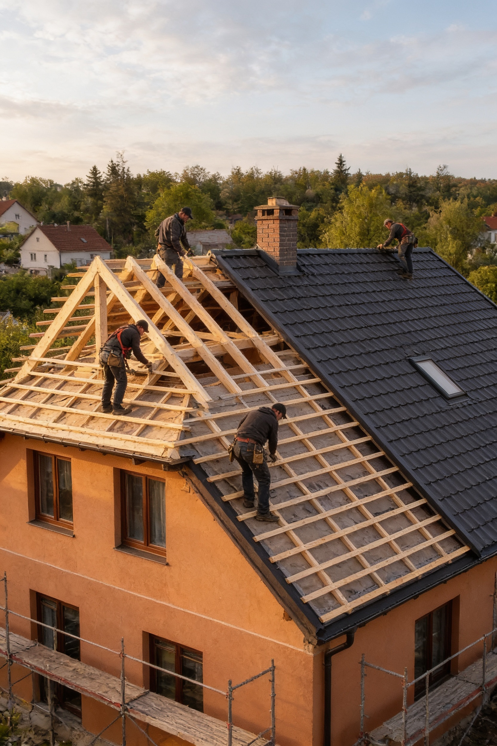 Construcție șipci și montaj țiglă — apus